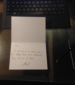 handwritten note to confirm a sales meeting
